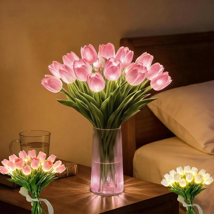 Yellow LED flower lamp on a bedside table, with inset bouquet details.