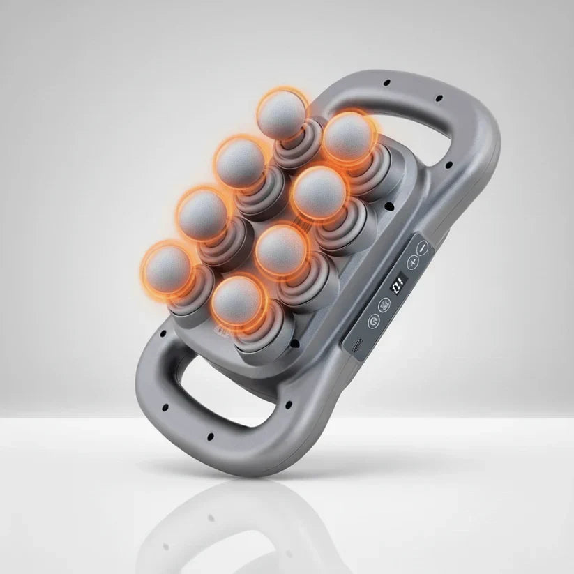 Detail of the underside of the grey handheld plastic device with eight round massage heads and control buttons.