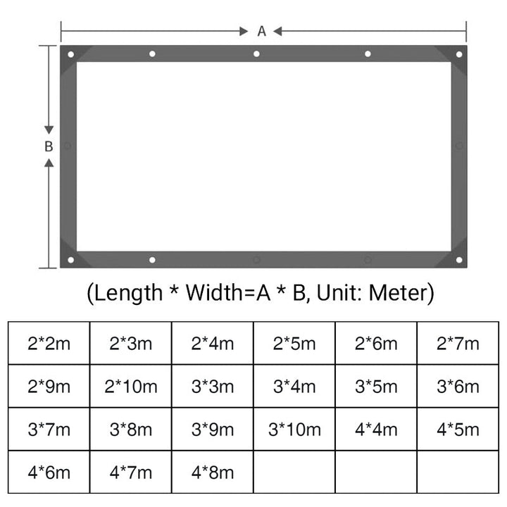 Diagram of a rectangular tarp with eyelets and available sizes in meters.