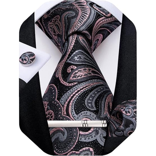 Black tie set with pink and gray paisley pattern, shown with matching cufflink, pocket square and silver tie clip.