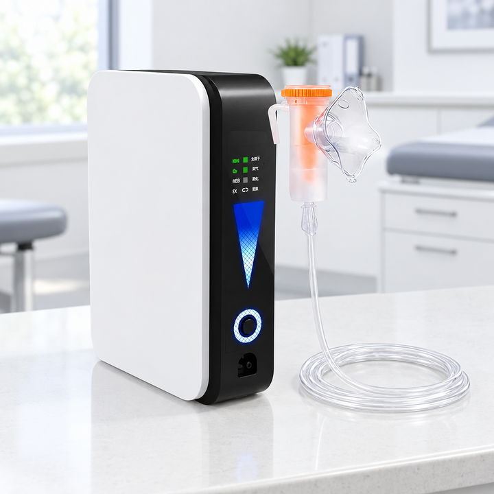 White and black portable concentrator on a counter in a clinic, with coiled tubing and nebulizer mask beside it 1