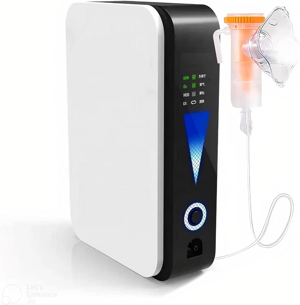 Close three-quarter view of the white and black unit with glowing blue display, nebulizer cup, mask and clear tubing 2