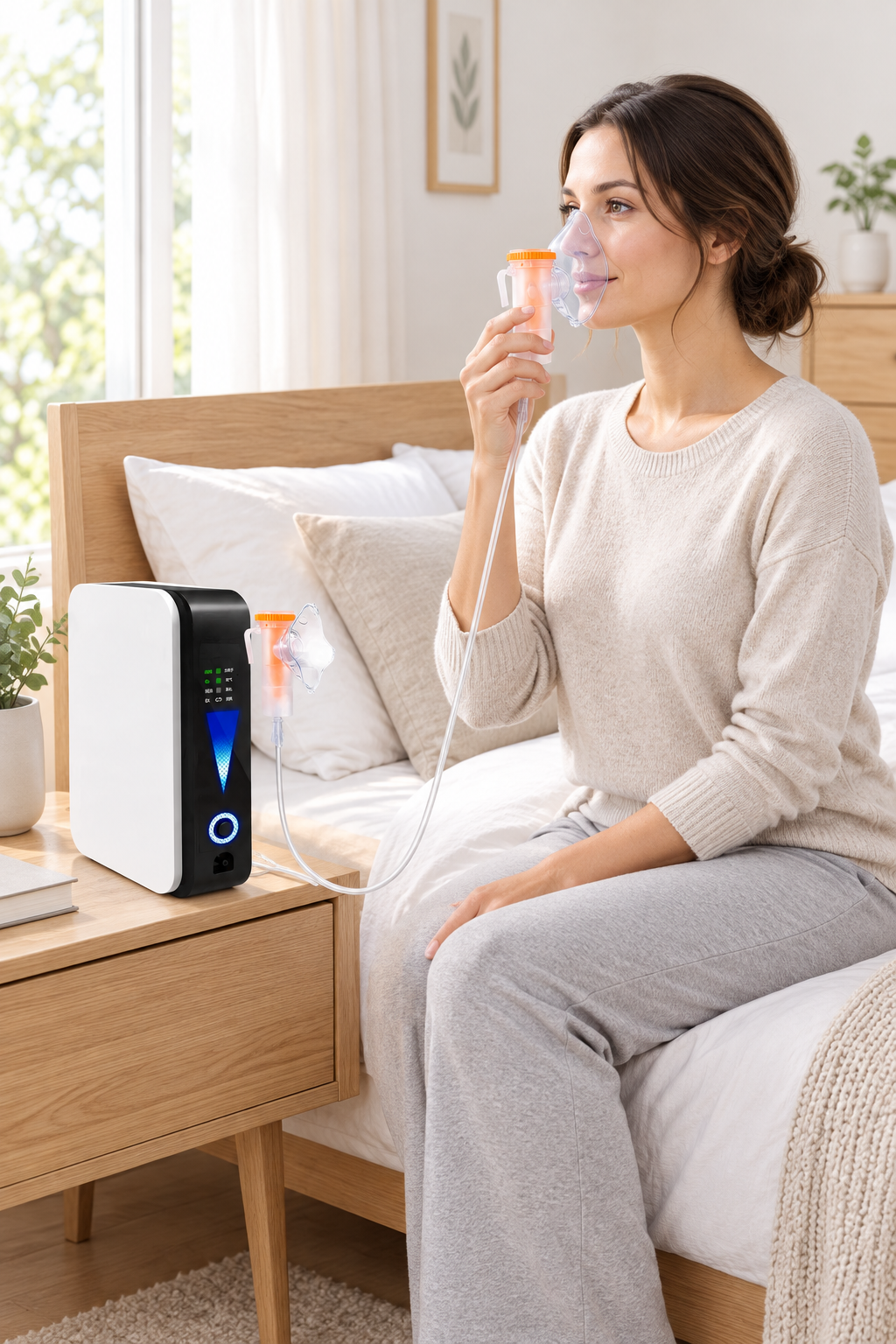 Woman in a cozy bedroom sits on the bed breathing through a clear mask connected to the machine on the nightstand 1