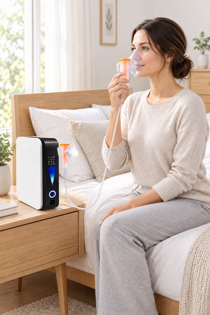 Woman in a cozy bedroom sits on the bed breathing through a clear mask connected to the machine on the nightstand 1