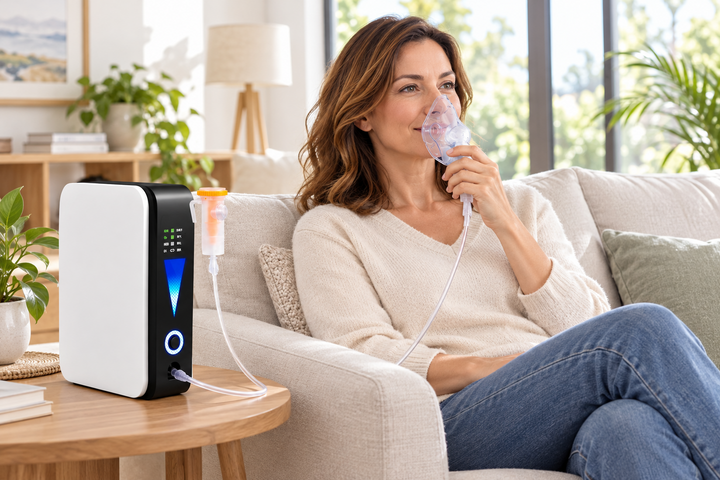 Smiling woman on a living room sofa breathing through a clear mask connected to the white and black unit on a side table 1
