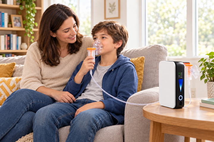 Smiling woman sits with a boy on a sofa as he breathes through a mask from the compact machine on a side table 1