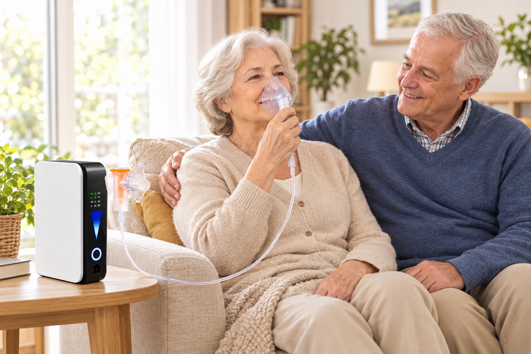 Smiling older woman breathes through a nebulizer mask on a sofa, the white and black unit on a side table 1
