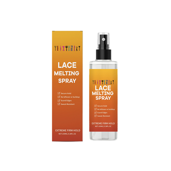 Clear spray bottle with black pump and matching orange gradient box on a white background.