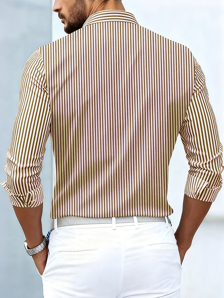 Brown and cream striped shirt, back view on a model.