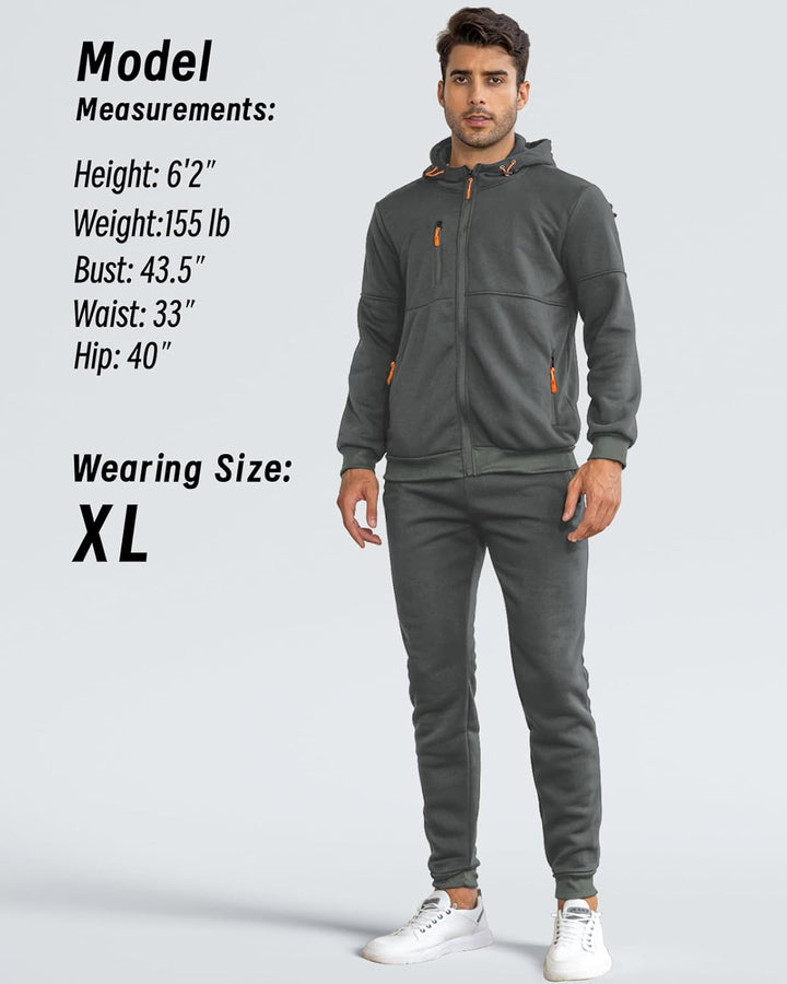 Model standing front view in the gray hooded jacket and joggers, with size and body info listed 8