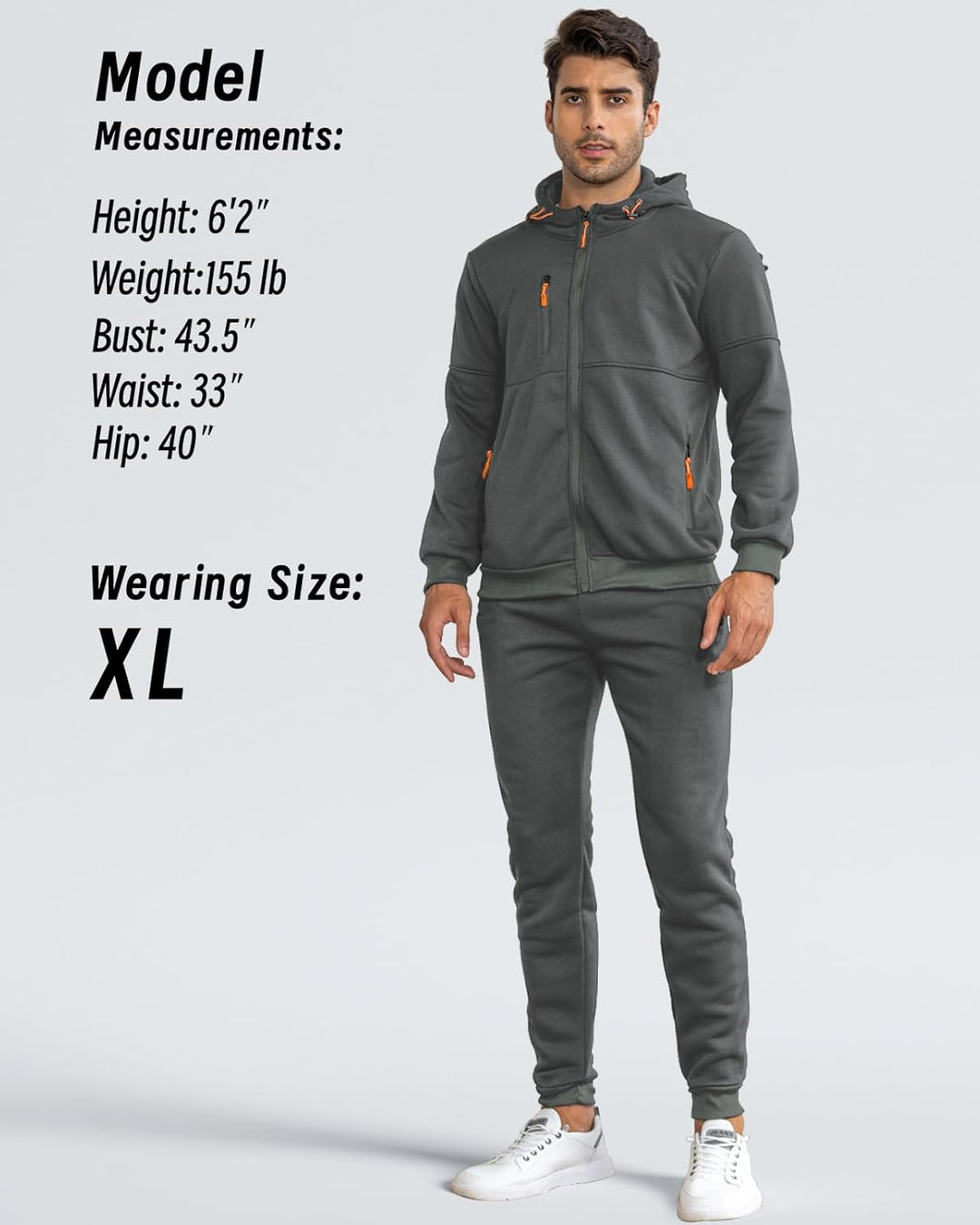 Model wearing the dark gray set in size XL, with model measurements listed beside him 9