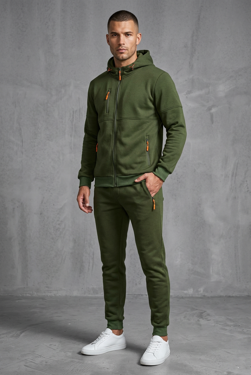 Front view of a man in an olive green zip hoodie and joggers with orange zipper pulls 6
