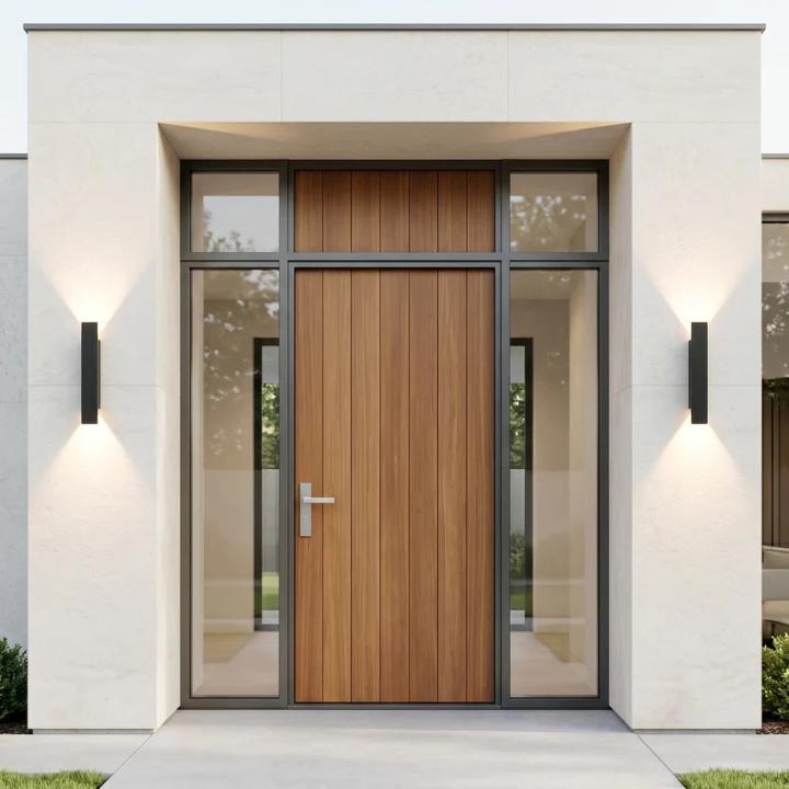 Pair of black wall lights on a modern entrance with warm up and down beams.