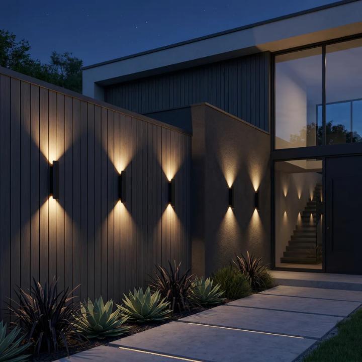 Black wall lights along a wooden fence and house wall with a stone path below.