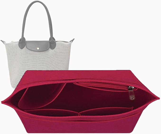 Black felt organizer insert with interior compartments, shown in front of a tote it fits.