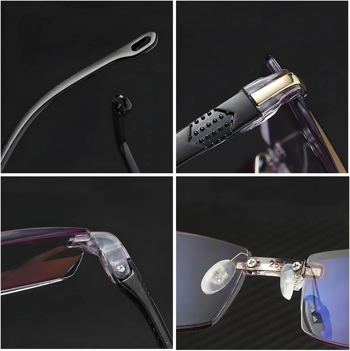 Close-up details of the black hooked temple tip, dotted grip pattern, screw hinge, and nose pads.