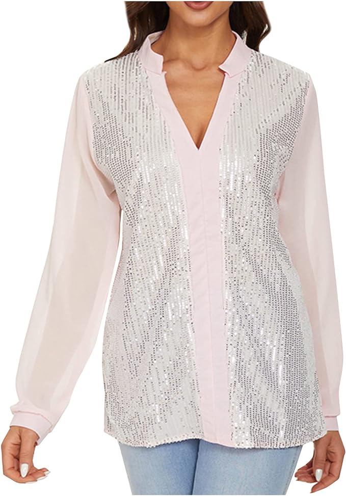 Damenbluse mit Pailletten, langärmelig, rosa, elegantes Design, ideal für festliche Anlässe.