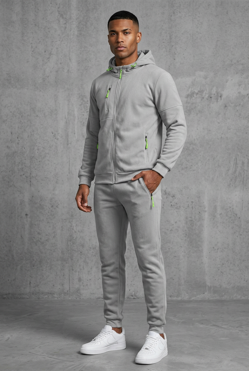 Front view of a man in a light gray fleece zip hoodie and joggers with neon green zippers 10