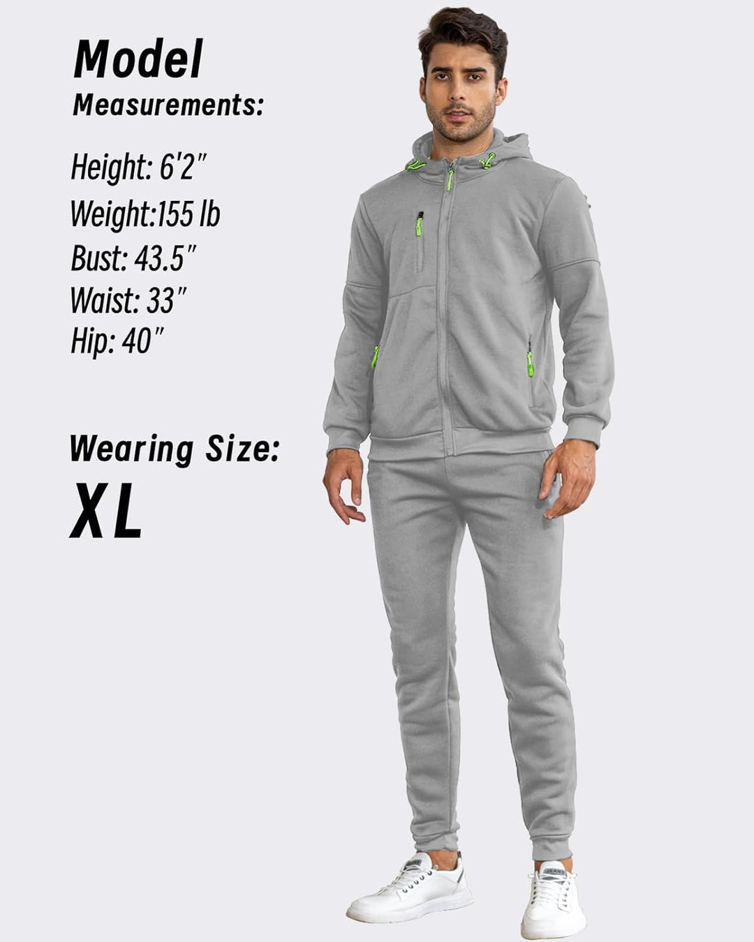 Model standing in the light gray hooded tracksuit with green zipper accents, size information beside him 27