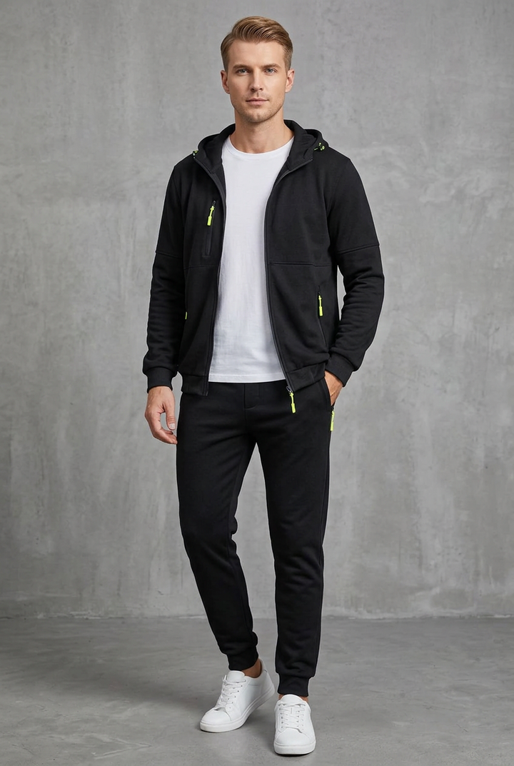 Front view of the black open zip hoodie and joggers with neon yellow zipper pulls 8