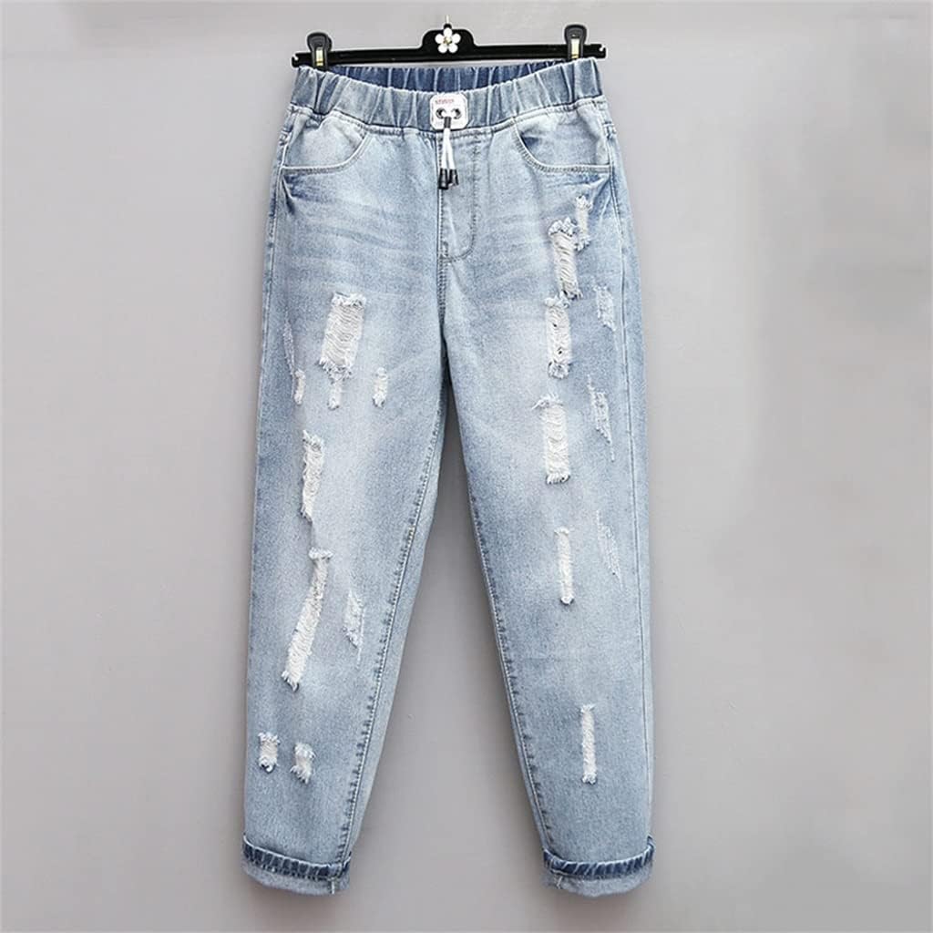 Damen Boyfriend Jeans, hellblau, zerrissen, elastischer Bund, modische Freizeitkleidung.