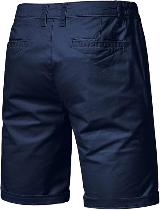 Back view of navy blue shorts with two welt back pockets and belt loops 11