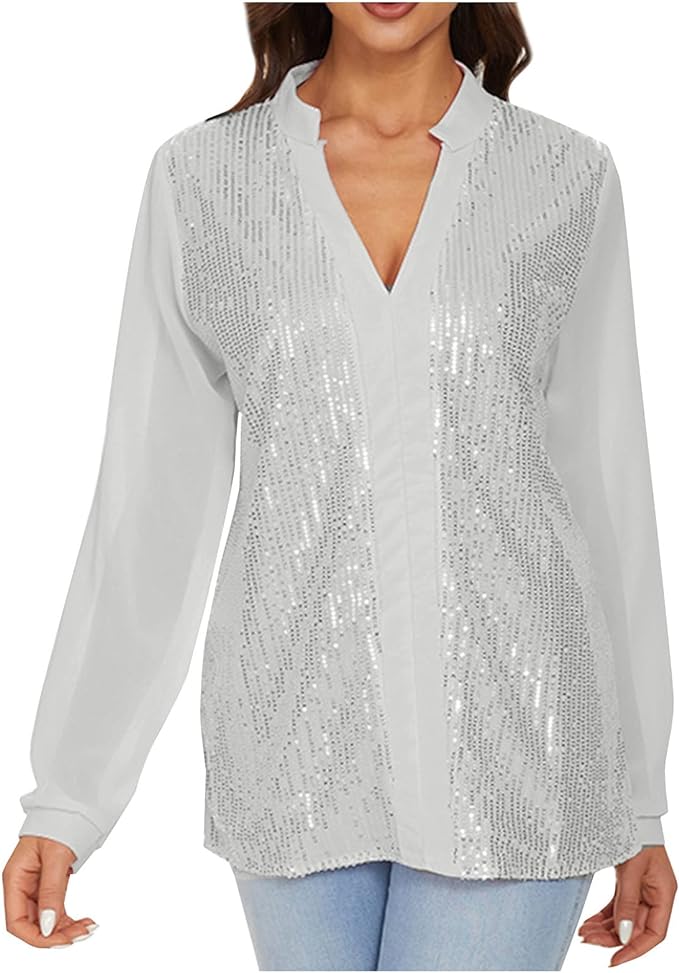 Damenbluse weiß mit Pailletten, V-Ausschnitt, lange Ärmel, elegant, festlich, modisch.