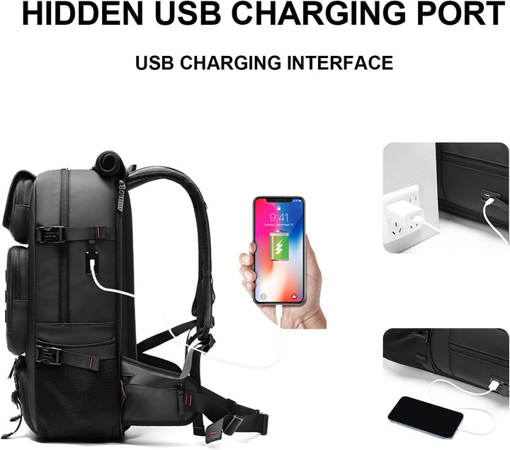 50L Waterproof Travel Backpack with Shoe Compartment & USB Port