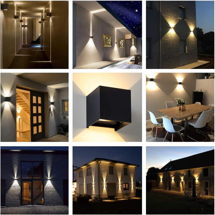 Collage of nine scenes showing cube wall lamps in hallways, entrances, a dining room and on house facades at night. 13