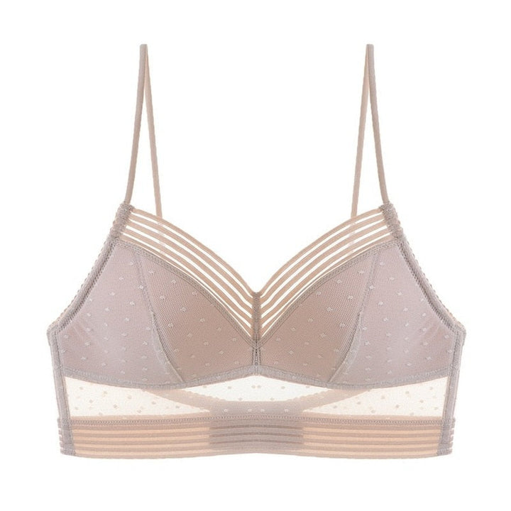 Second flat front view of the taupe bra, with dotted mesh cups and striped elastic band 11