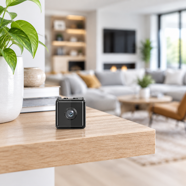 Small black cube camera sitting on the corner of a wooden table in a bright living room 1