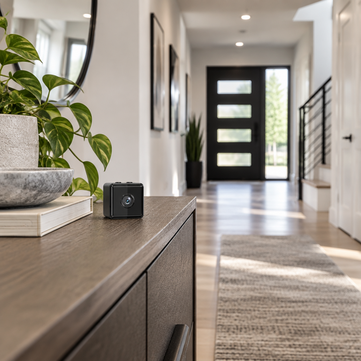 Small black cube camera sitting on a wooden console table in a bright entryway hallway 1