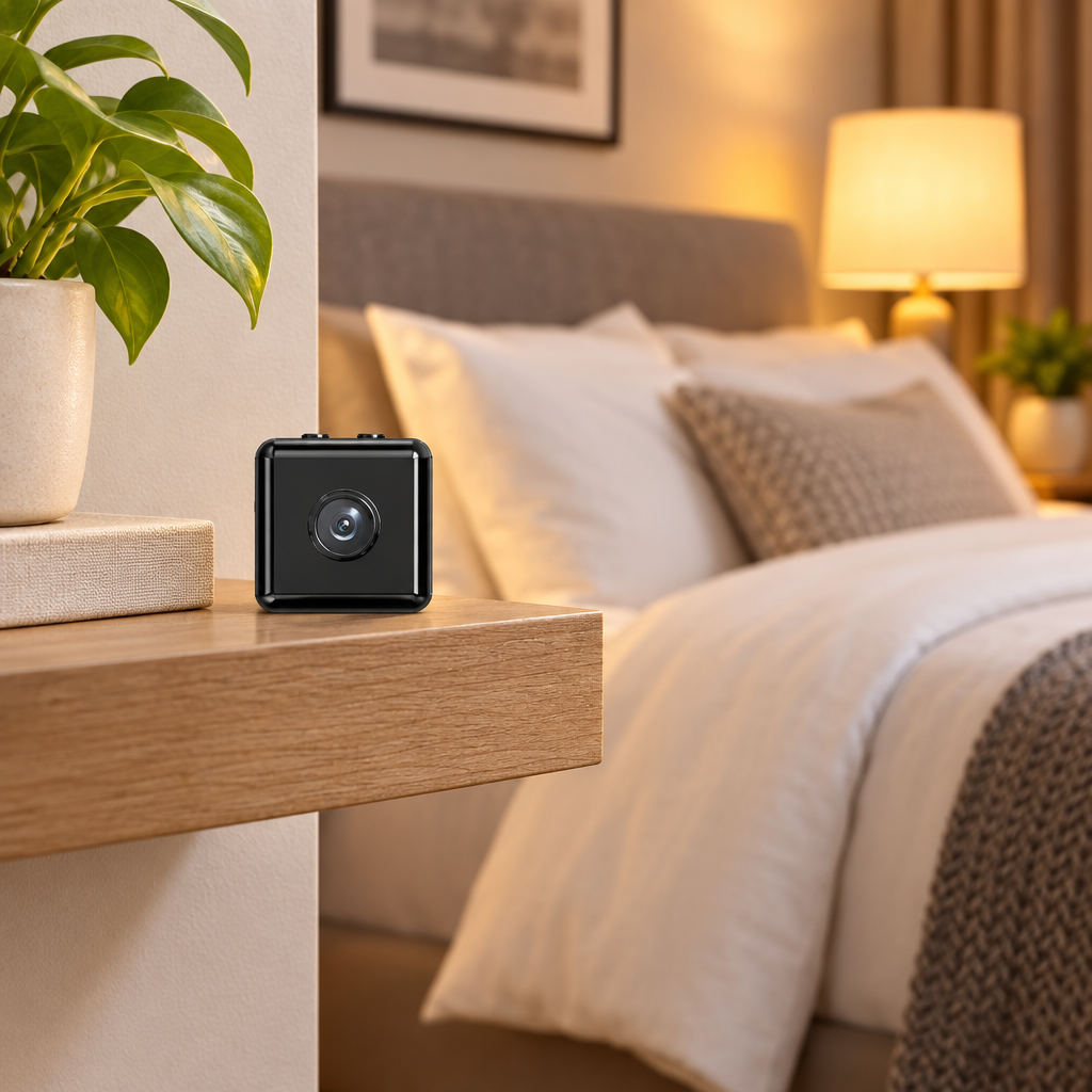 Small black cube camera on a wooden bedside shelf beside a plant, with a softly lit bed behind 1