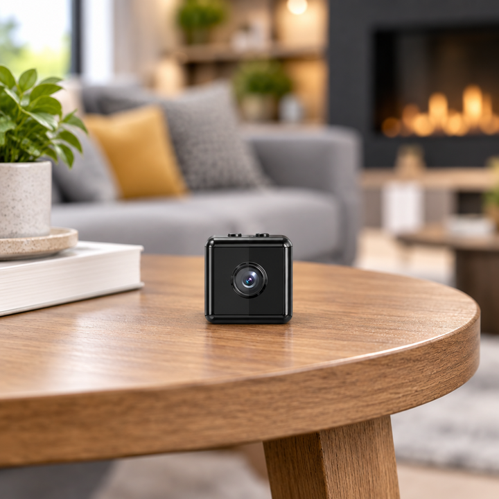 Small black cube camera sitting on a wooden coffee table in a cozy living room 1