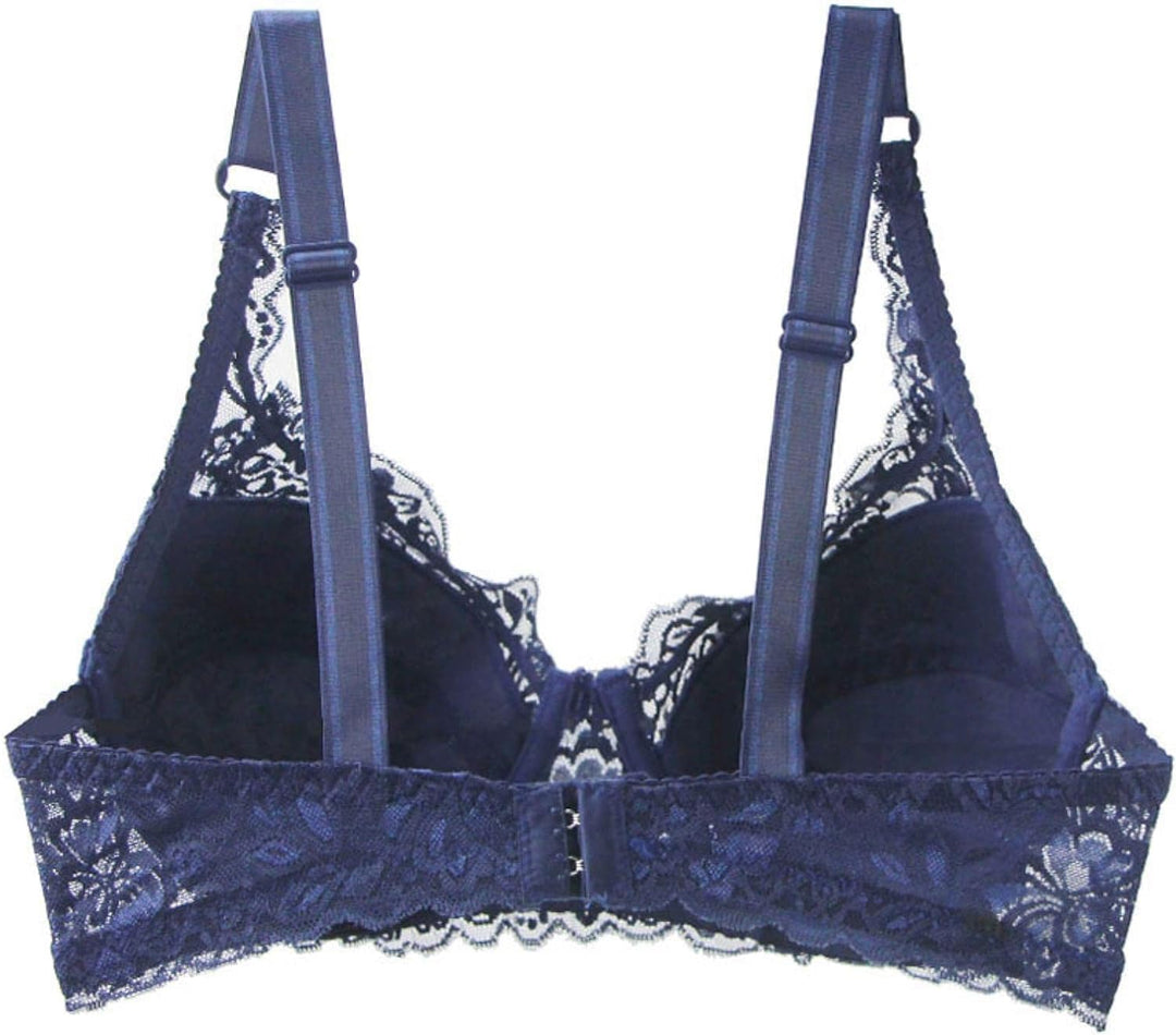 Dunkelblauer Spitzen-BH, verstellbare Träger, Rückansicht, elegante Damenunterwäsche.