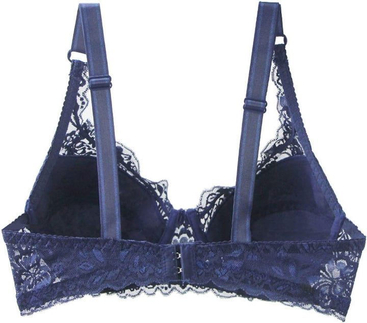 Dunkelblauer Spitzen-BH, verstellbare Träger, Rückansicht, elegante Damenunterwäsche.