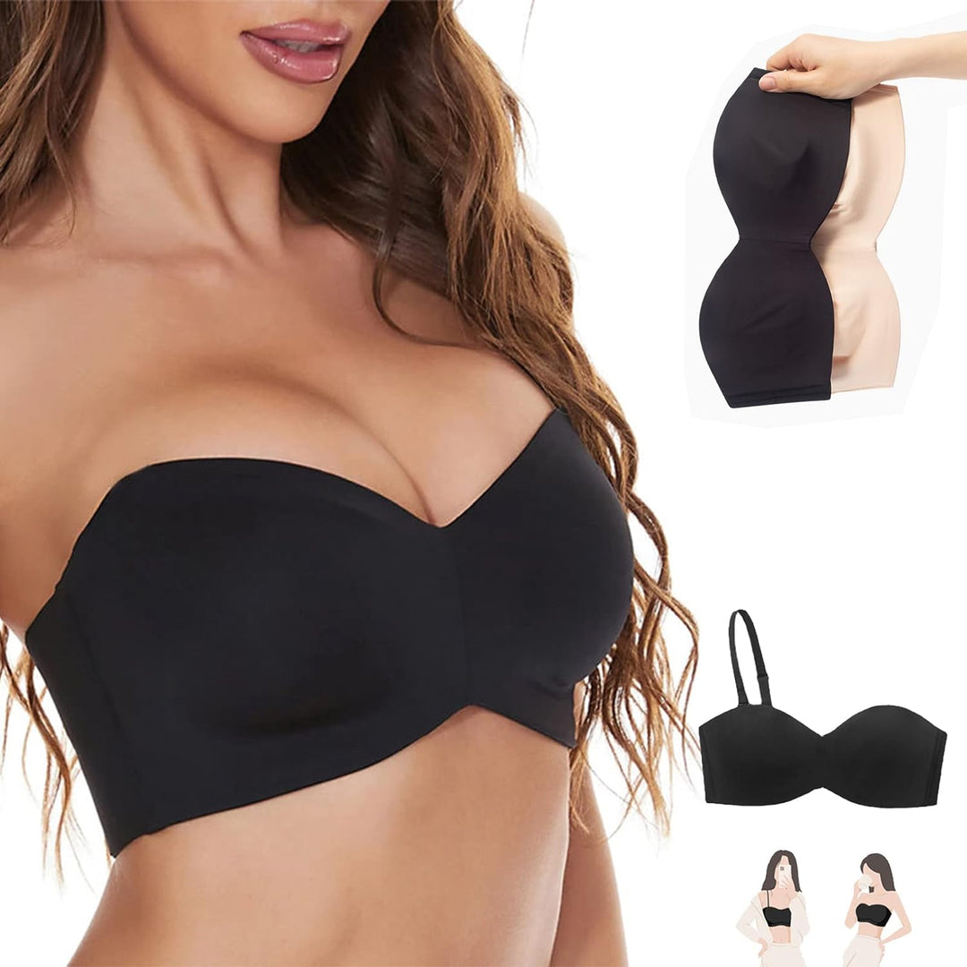 Frau trägt schwarzen trägerlosen BH, nahtlos, Push-up, ideal für Abendkleider, Set mit beige BH.