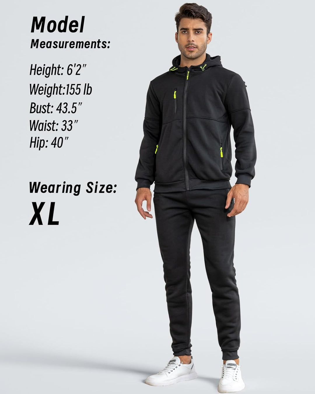 Model standing front view in the black hooded jacket and joggers, with size and body info listed 20