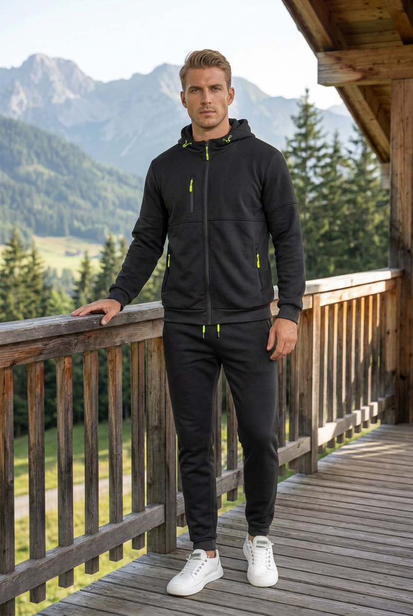 Man in a black zip hoodie and joggers with neon yellow zipper pulls, on a mountain cabin balcony 1
