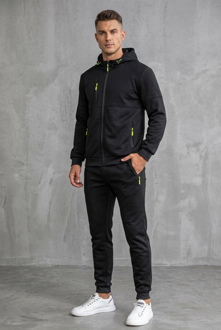 Front view of a man in a black zip hoodie and joggers with neon yellow zipper pulls 8