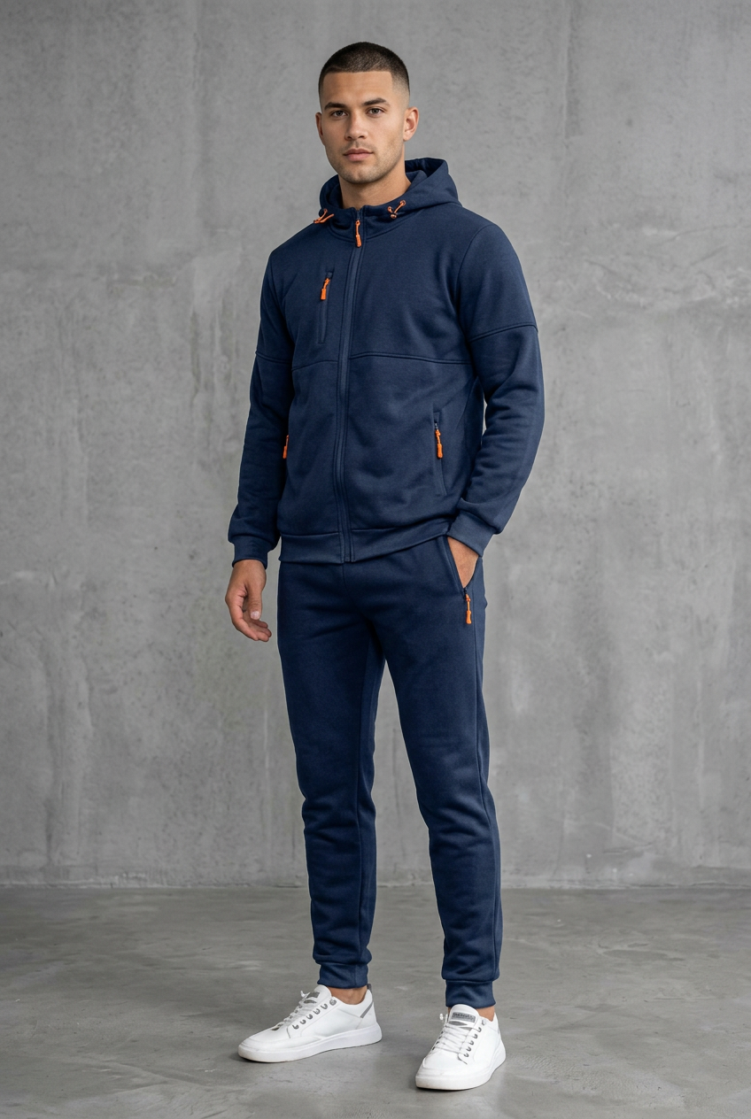 Front view of a man in a navy zip hoodie and joggers with orange zipper pulls 2