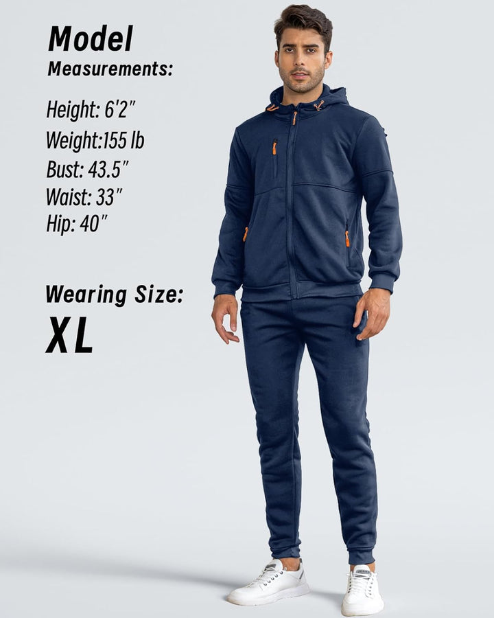 Front view of model wearing the navy set in size XL, with model measurements listed beside him 3