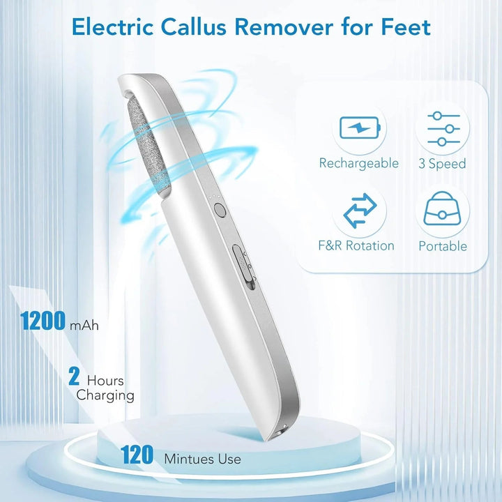 White remover on a pedestal with icons for rechargeable, three speeds, forward and reverse rotation, portable 3