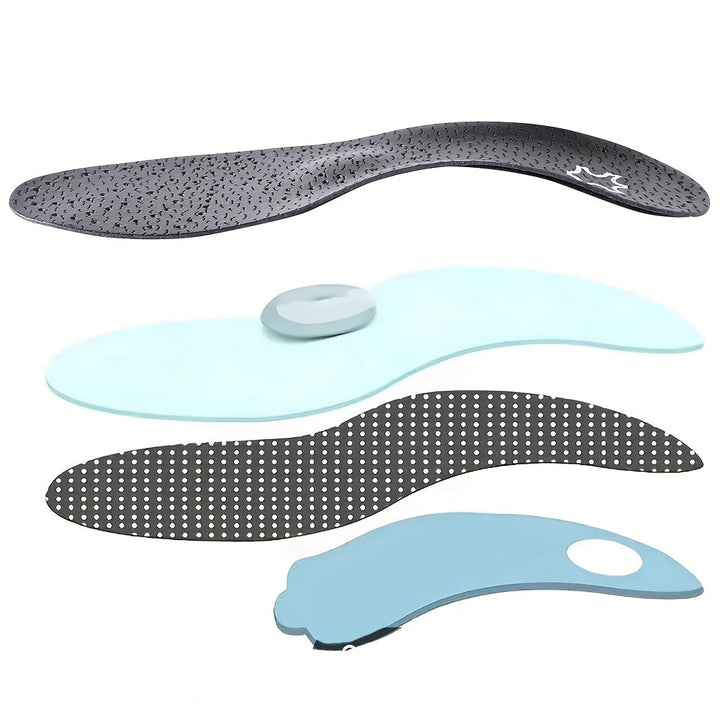 Insole detail separated into four stacked layers on white, with a textured top layer, pale blue cushion, dotted middle layer and blue arch support piece.