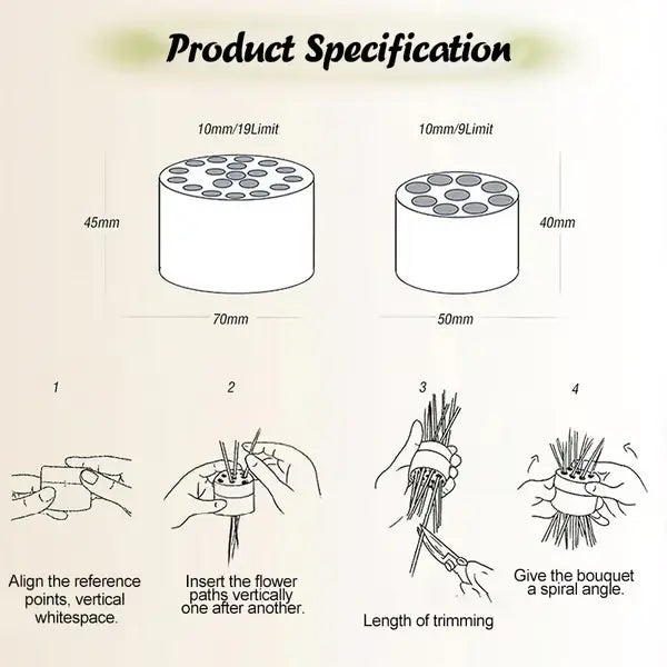 Flower arranger vase insert size diagram showing 19-hole and 9-hole round inserts
