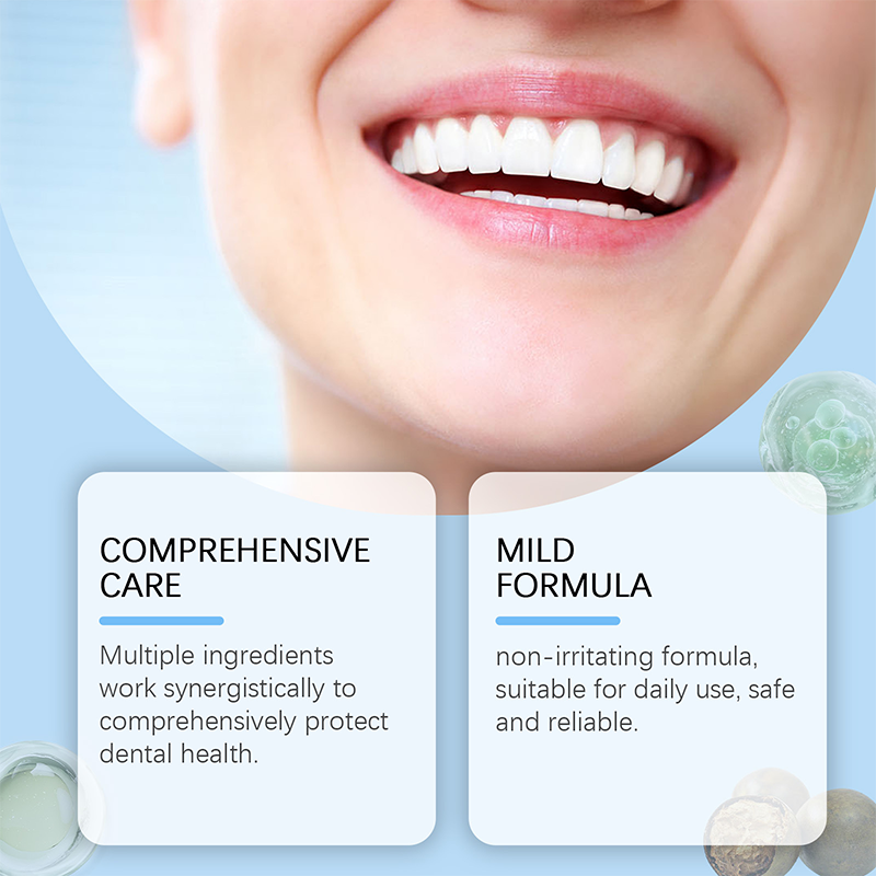 Close-up of a woman's bright smile above two panels describing comprehensive care and a mild, non-irritating formula. 7