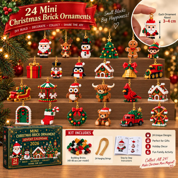 All 24 brick ornaments arranged on stepped shelves, with an inset showing size in a hand and a kit contents panel of bricks, strings and instructions.
