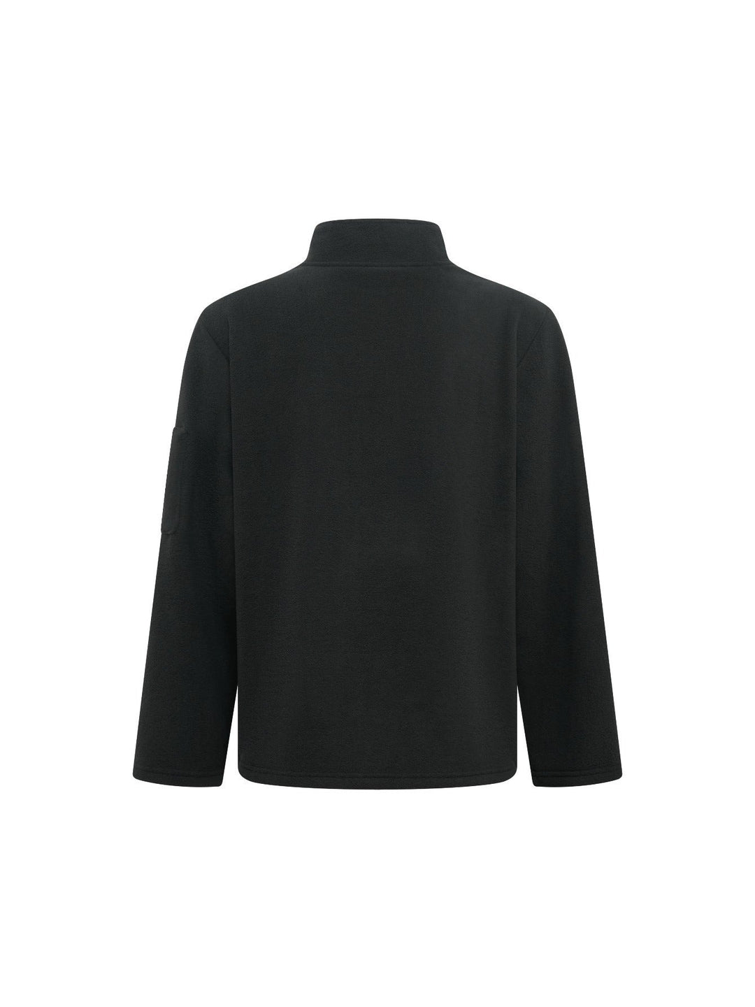 Back view of the black fleece jacket showing a plain back, high collar and sleeve pocket 11