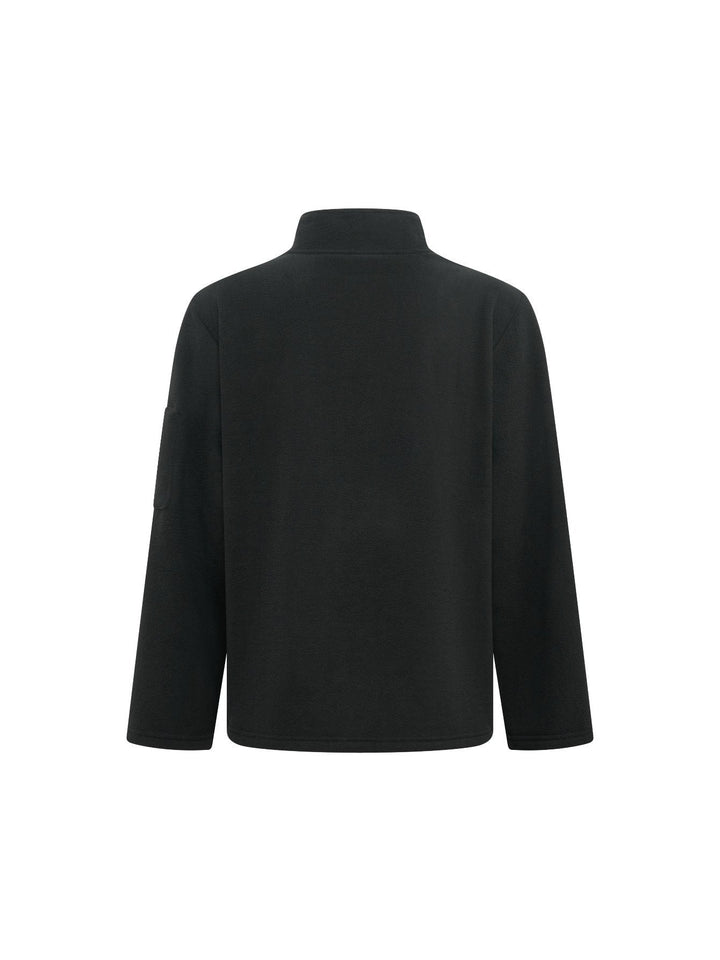 Back view of the black fleece jacket showing a plain back, high collar and sleeve pocket 11