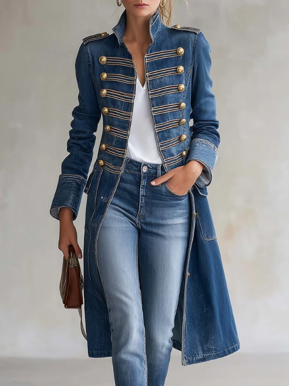 Blue denim coat with gold buttons and braided trim, worn over a white top and jeans, one hand in pocket. 1